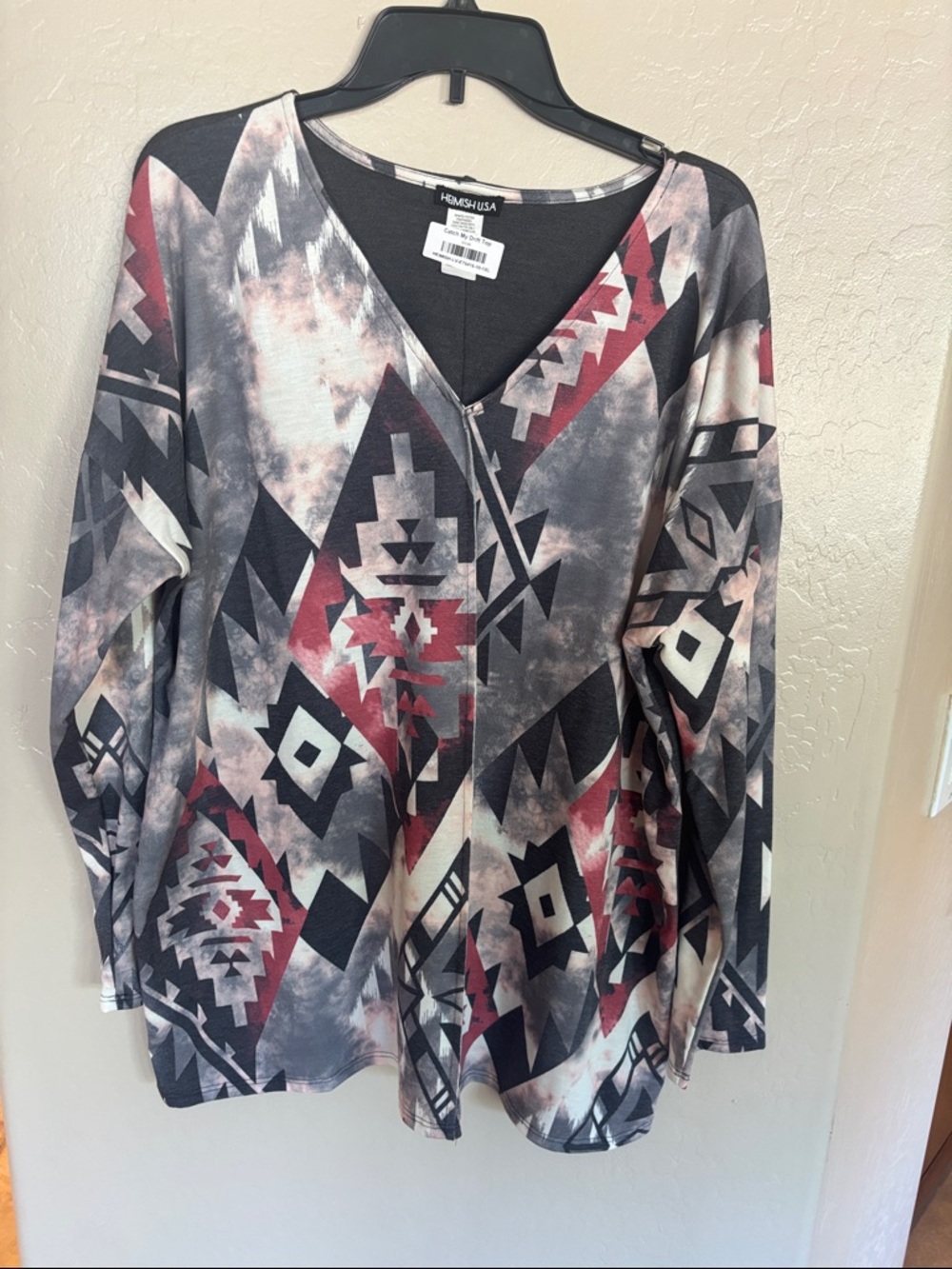 Heimish USA Long Sleeve V-Neck Aztec Print Top - Black, Gray, Red